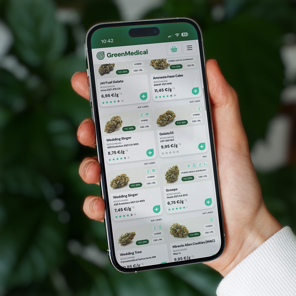 Patient wählt eine Blüte auf seinem Smartphone aus, um ein digitales Rezept zu erhalten.