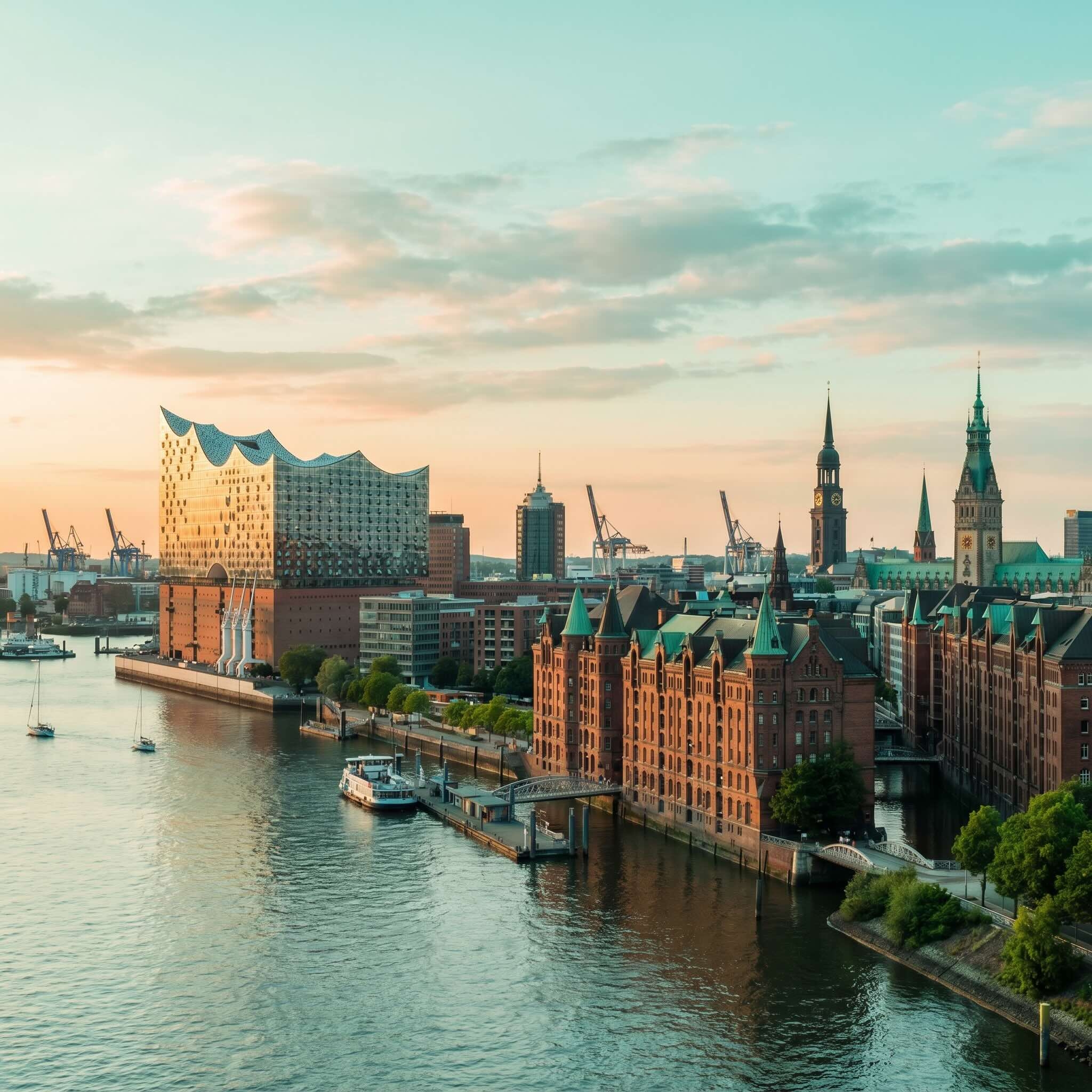 Elbphilharmonie und umliegender Hafen bein Sonnenuntergang
